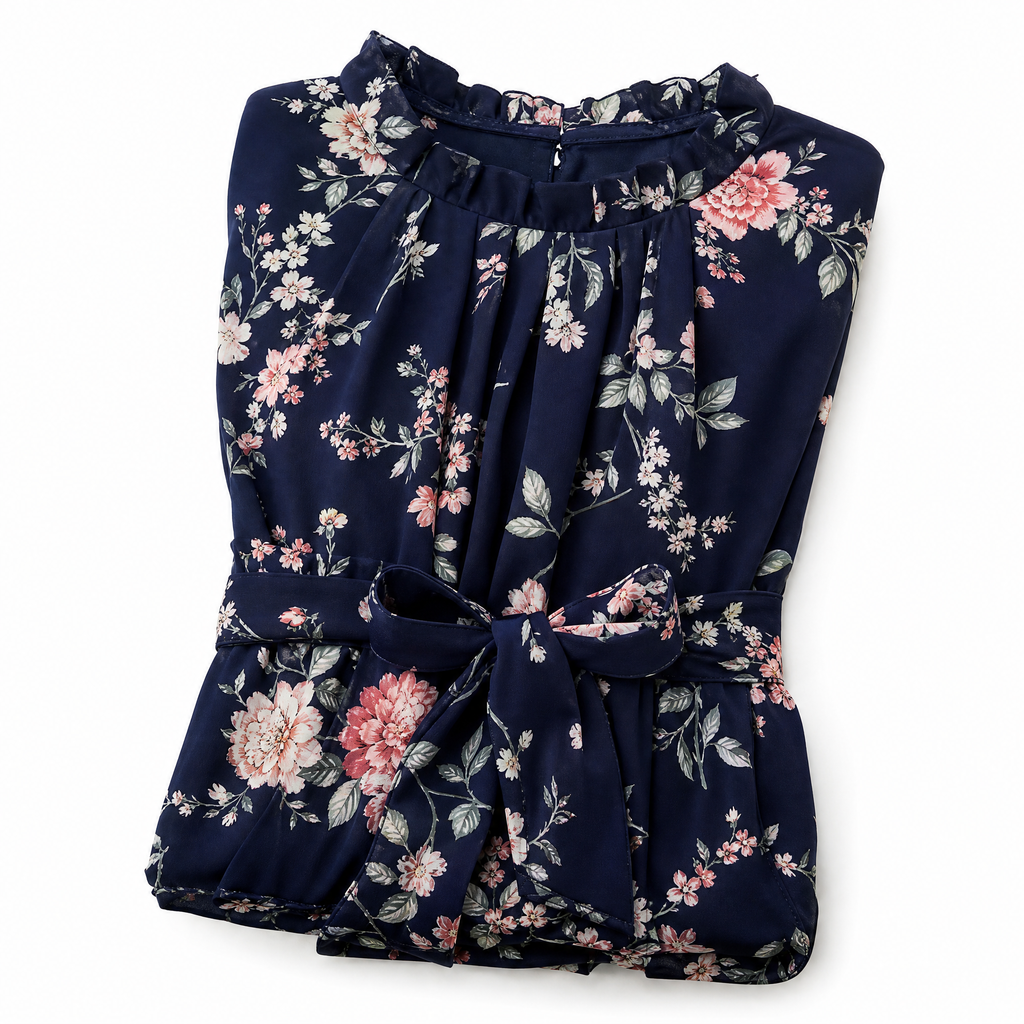 Floral Print Midi Wrap Dress — Navy
