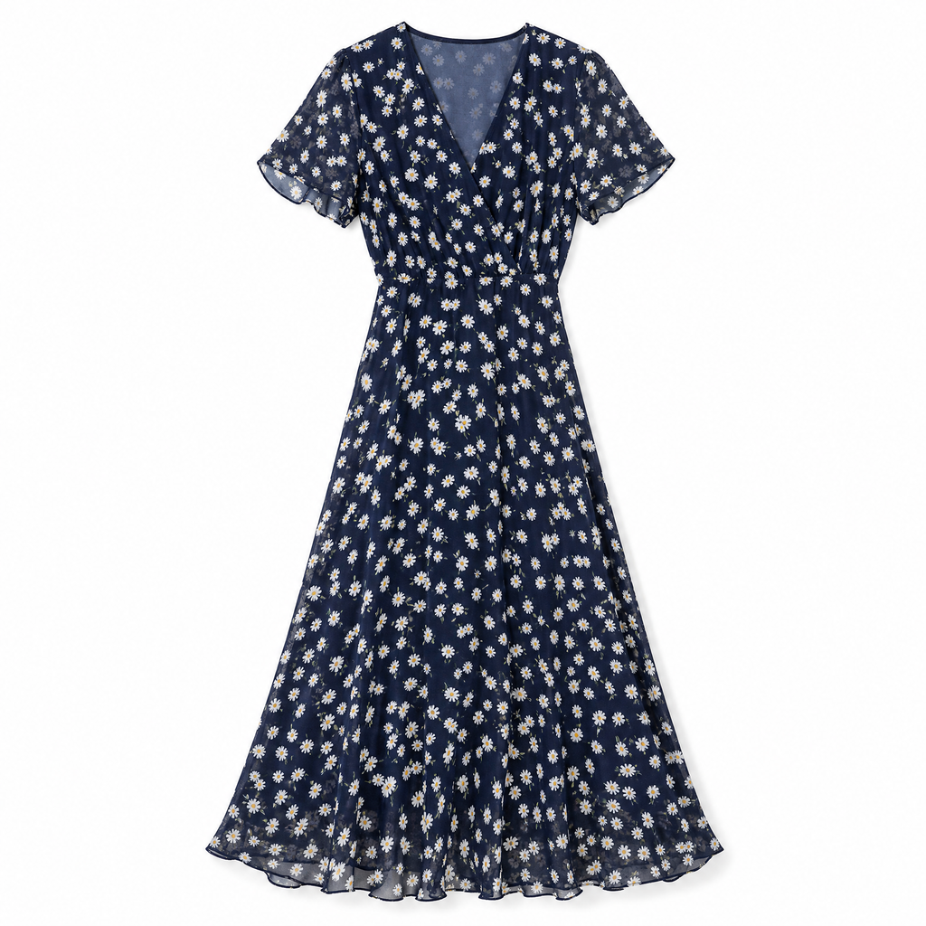 Floral Print Midi Wrap Dress — Navy