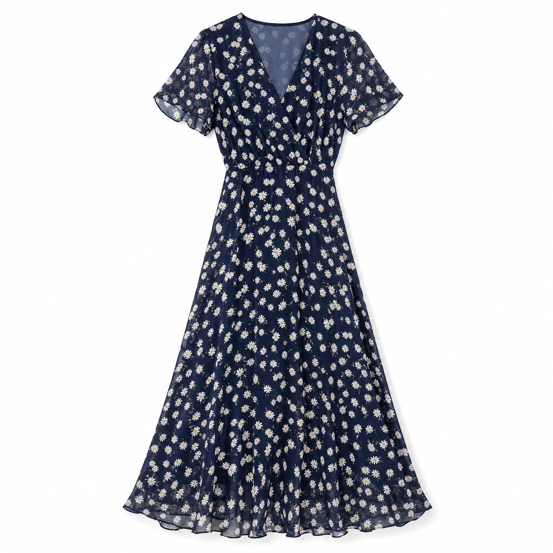 Floral Print Midi Wrap Dress — Navy